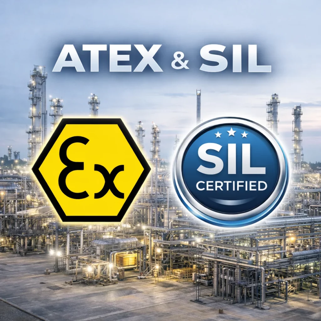ATEX Ex-Kennzeichnung und SIL Certified Symbol vor industrieller Anlage – Explosionsschutz und funktionale Sicherheit bei Gaswarnsystemen