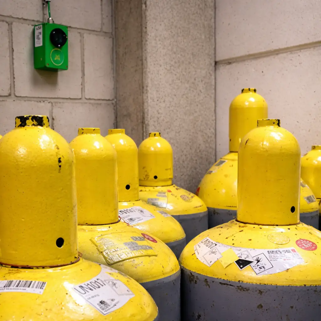 Stationäres Gaswarnsystem mit Gaswarntransmitter über gelagerten gelben Gasflaschen zur Überwachung gefährlicher Gase